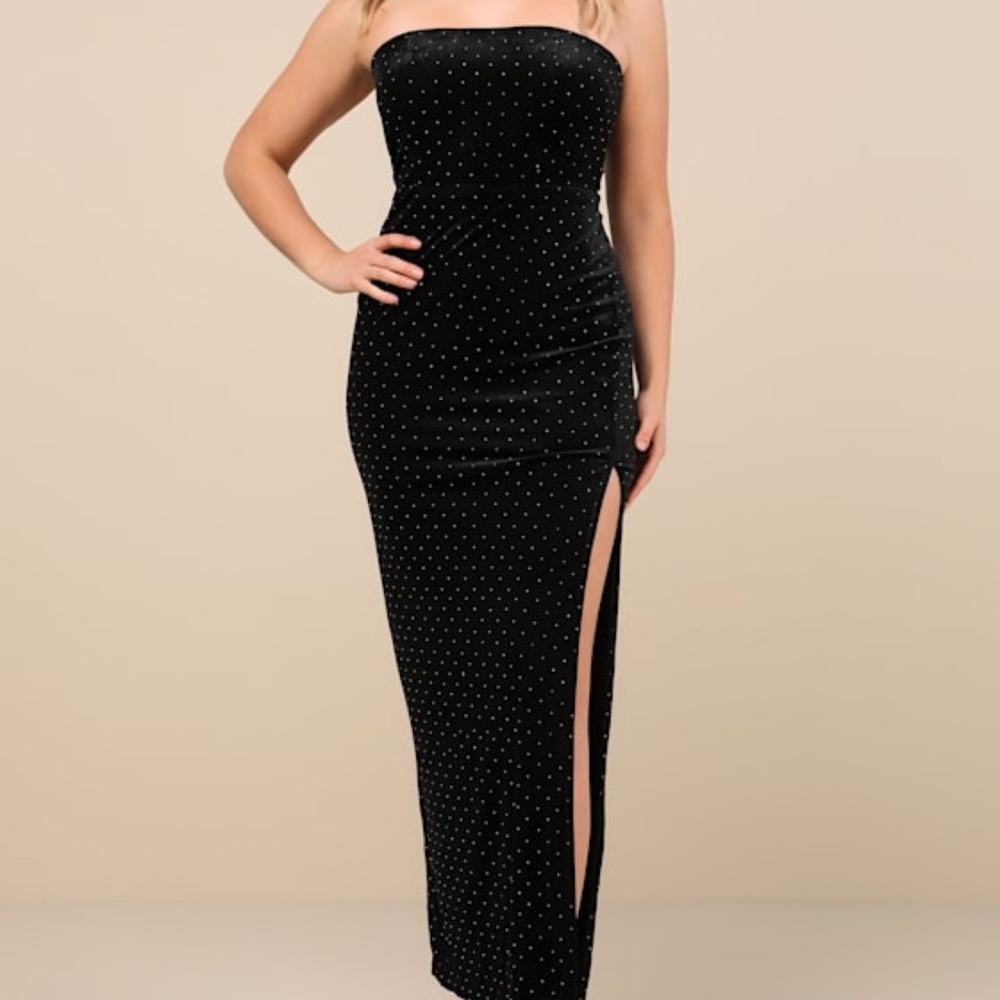 Lulus Dreamy Choice Black Rhinestone Strapless Maxi Dress - Size M
